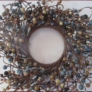 Blue and White Berries Natural Grape Vine Candle Wreath